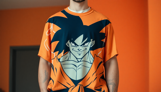 A man wearing a super-saiyaan goku oversized t-shirt with the design printed on the front