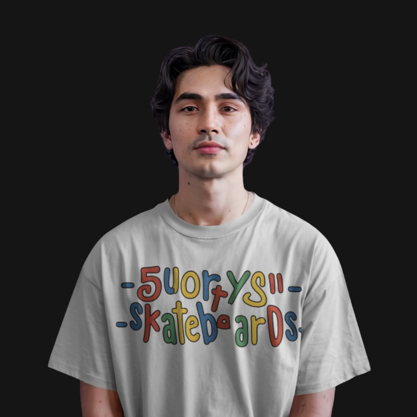Zenith Lifestyle oversized T-shirt with colorful 5uortys Skatehoards logo worn by male model
