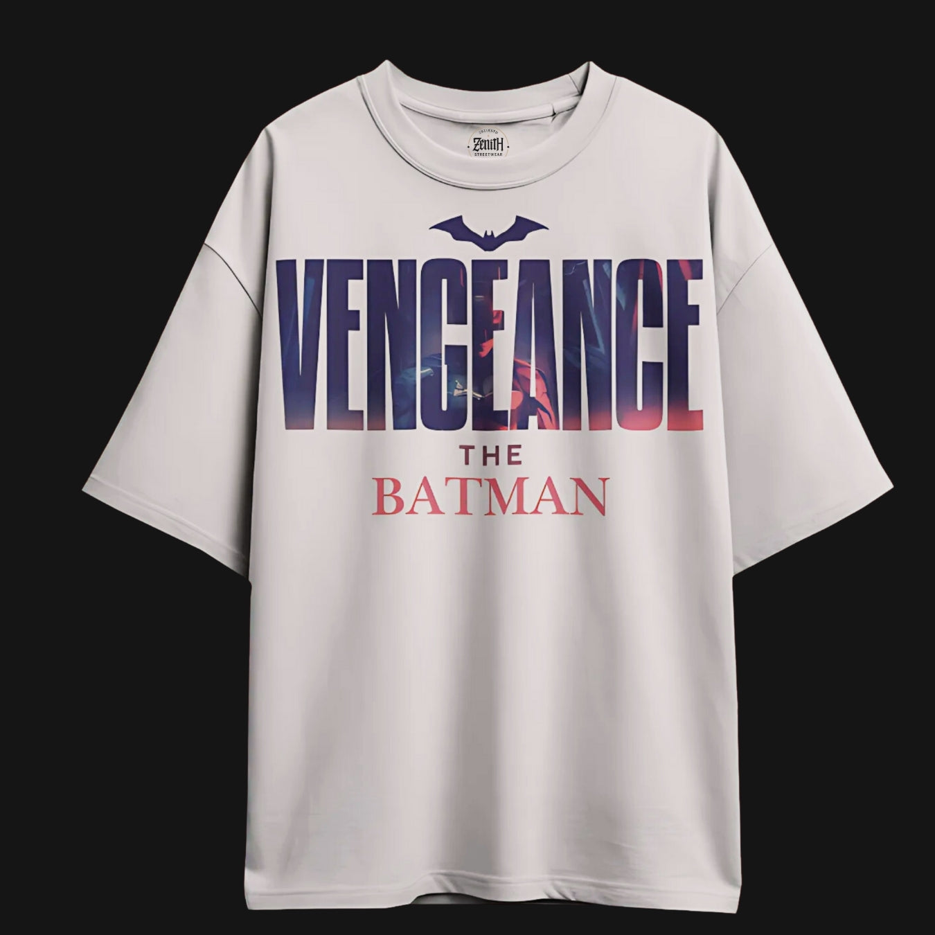 Zenith Lifestyle oversized Batman T-shirt with Vengeance graphic design on white fabric