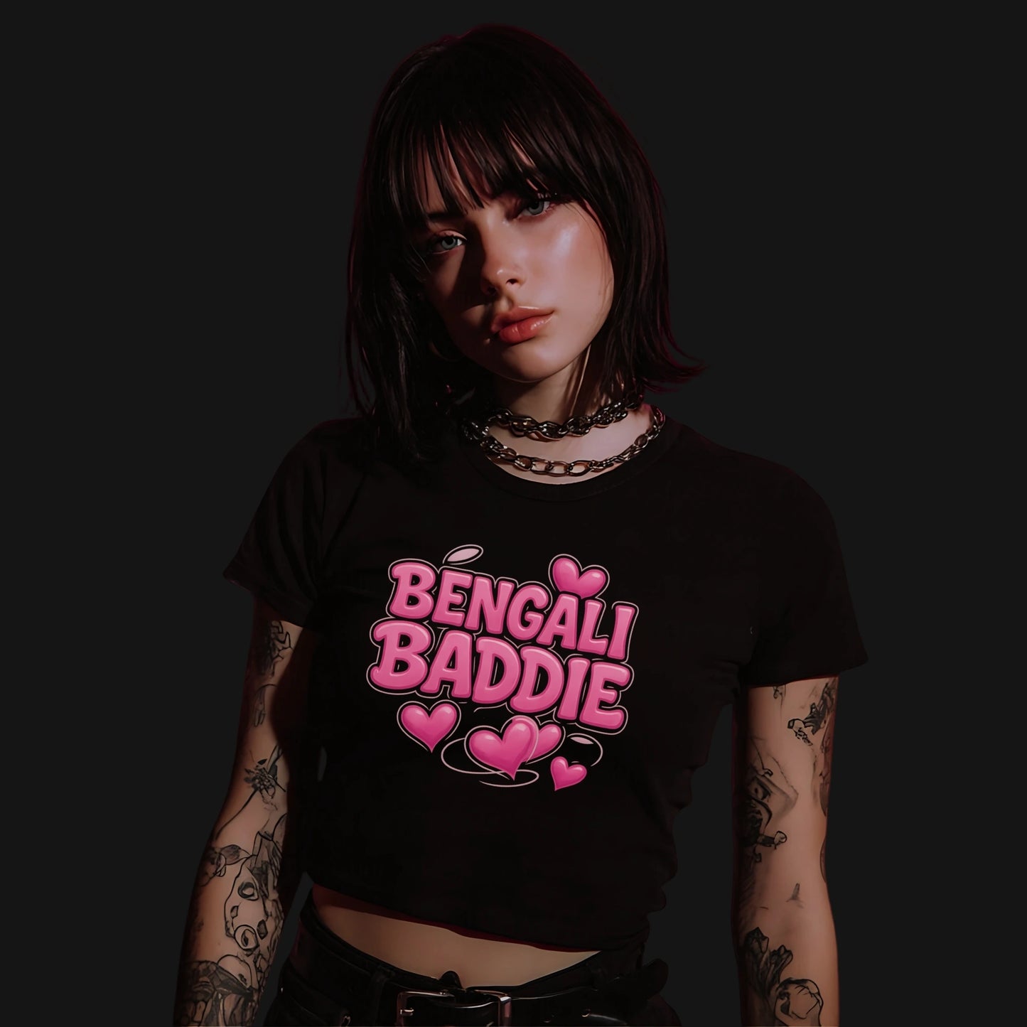 Bengali Baddie Black Crop Top featuring bold pink graphic print and short sleeves