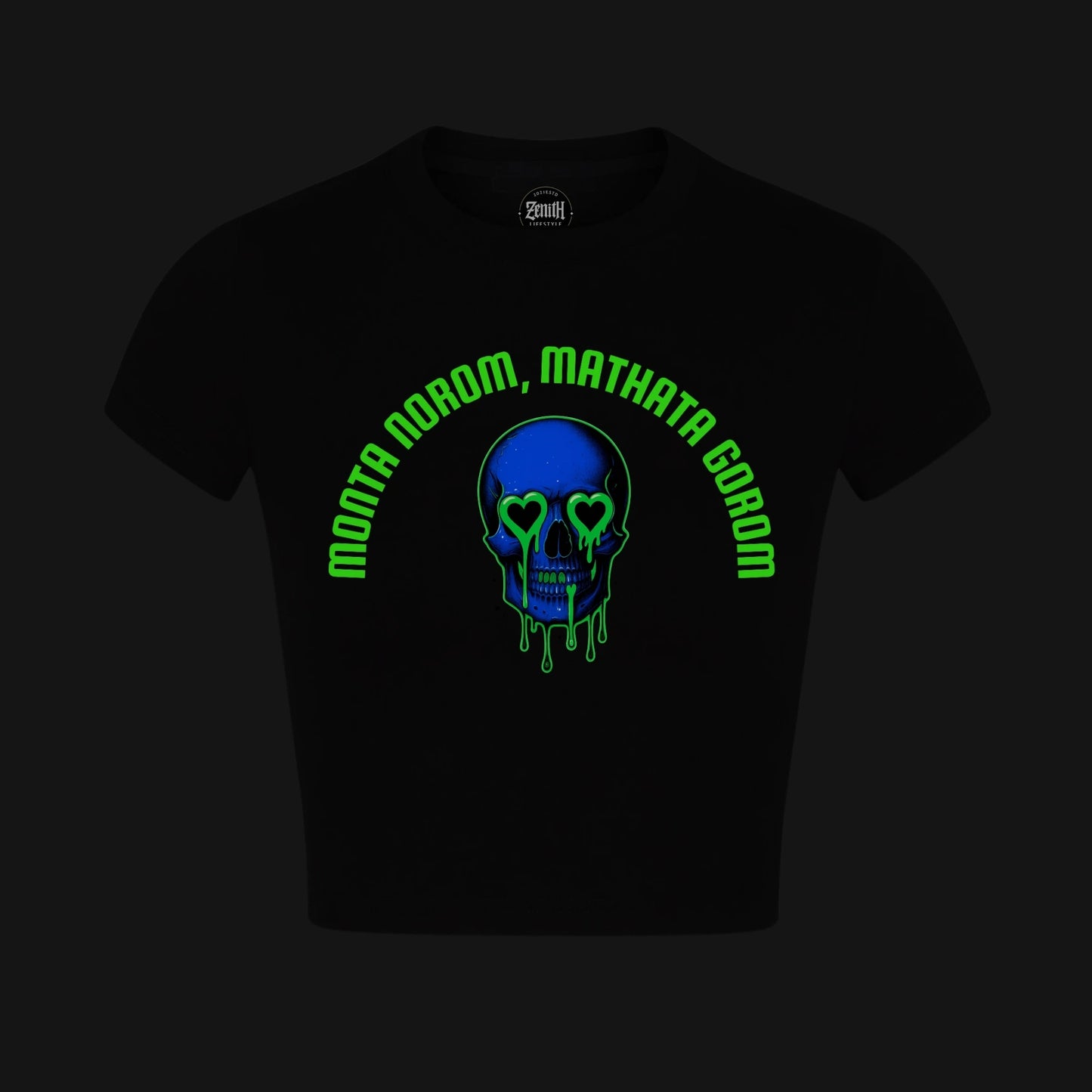 Zenith Lifestyle Black Crop Top featuring a vibrant skull graphic and green lettering for a stylish look