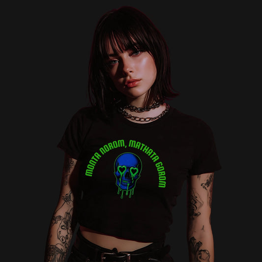 Zenith Lifestyle Black Crop Top featuring a colorful skull graphic for a trendy look