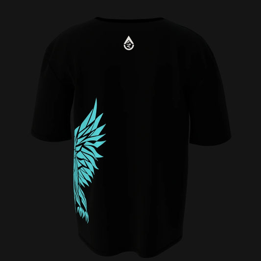 Zenith Lifestyle black oversized t-shirt with turquoise wing graphic on back