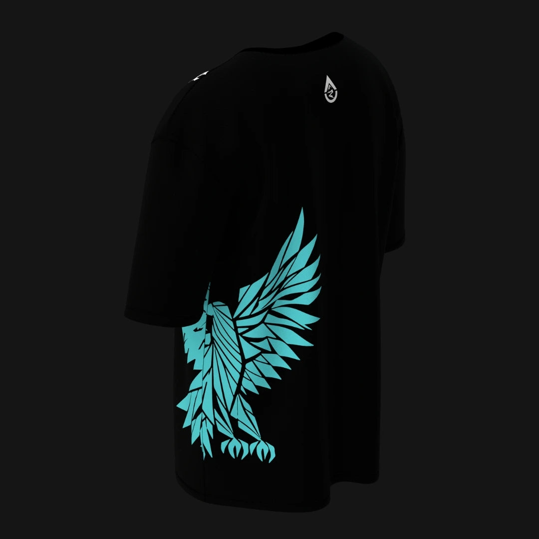 Zenith Lifestyle black oversized T-shirt with blue eagle graphic on the side and relaxed fit