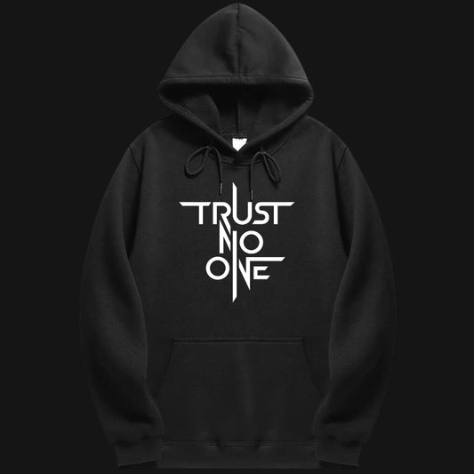 Black Unisex Hoodie with 'Trust No One' graphic design for stylish comfort