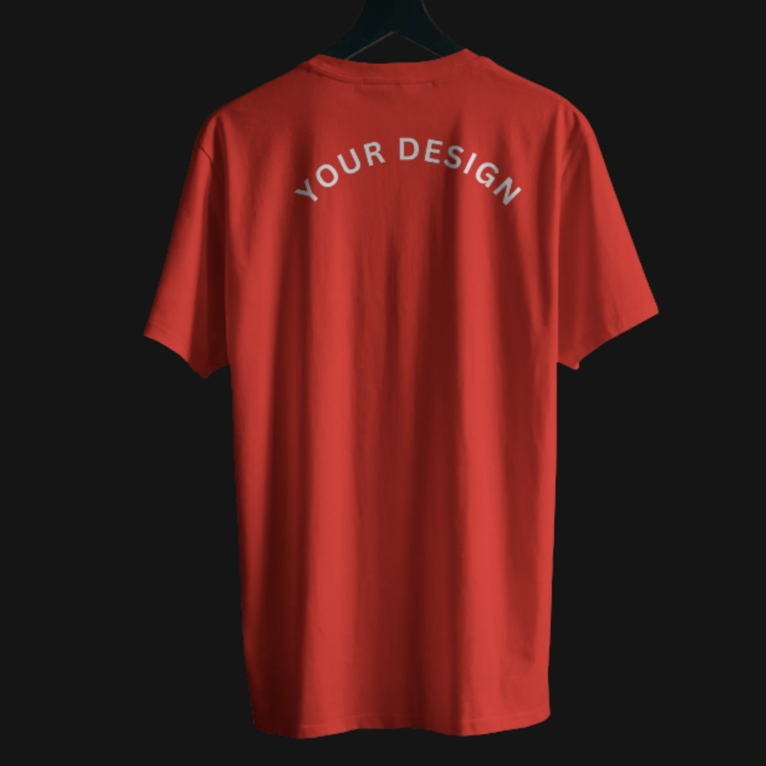 Red customized T-shirt hanging showing back design space for Custom T-shirts for Business by Zenith Lifestyle