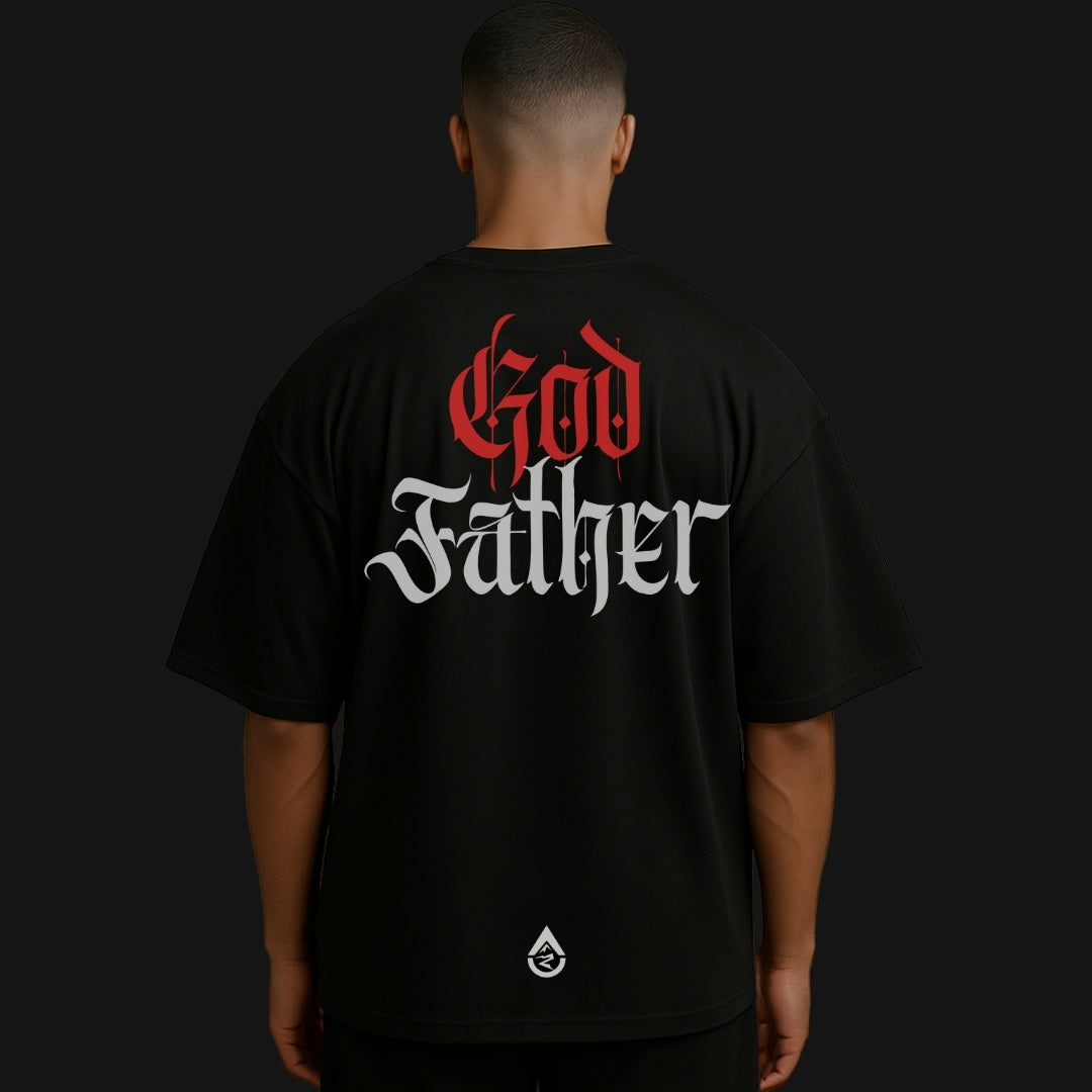 Zenith Lifestyle oversized black God Father T-shirt with red and white gothic text design on back