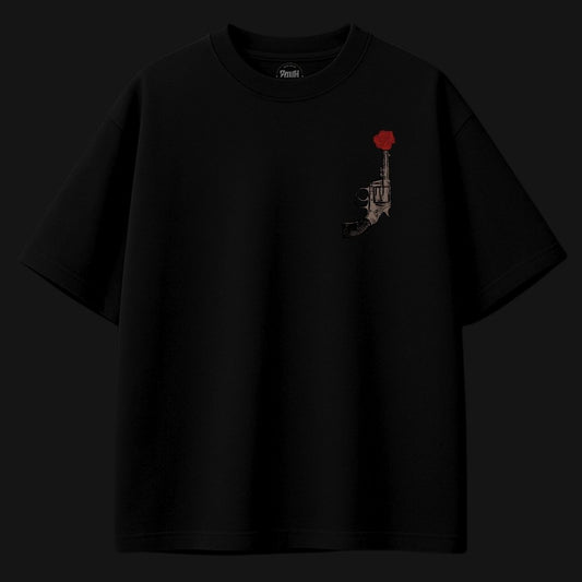 Zenith Lifestyle black oversized God Father T-shirt with gun and red rose graphic on chest