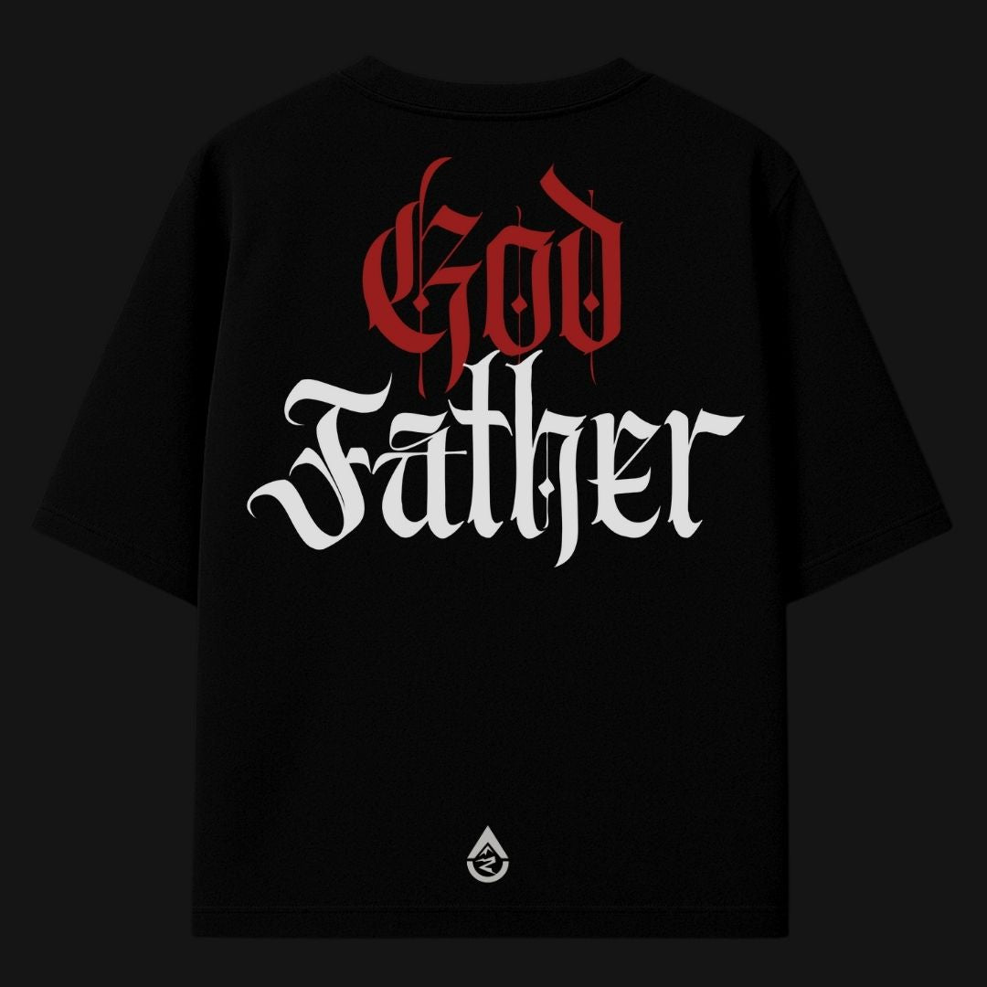 Zenith Lifestyle oversized black God Father T-shirt with bold red and white gothic lettering