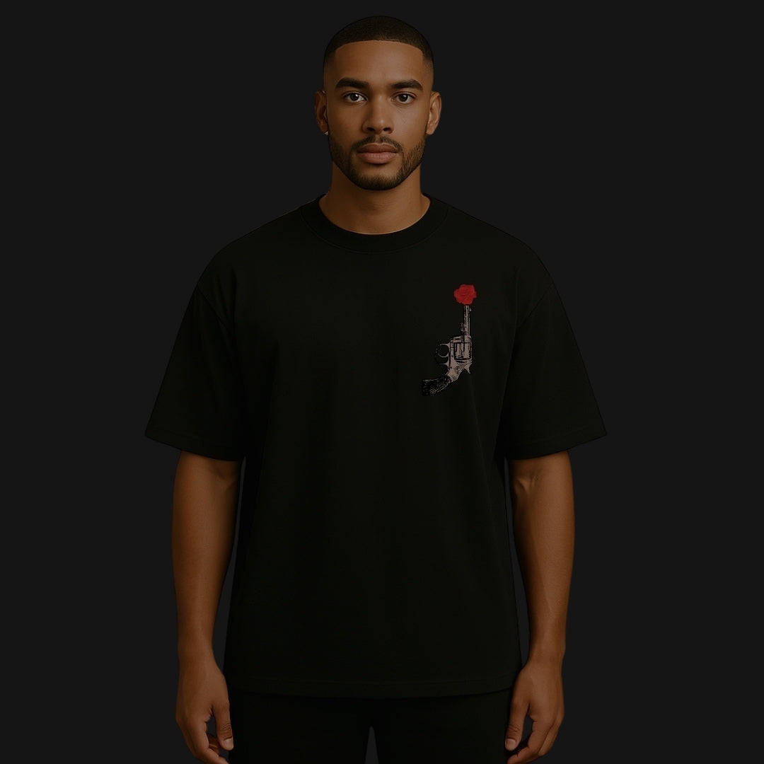 Zenith Lifestyle black oversized God Father T-shirt with gun and red rose graphic worn by male model
