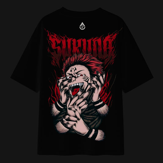 Zenith Lifestyle oversized black Sukuna T-shirt with fiery red anime graphic design