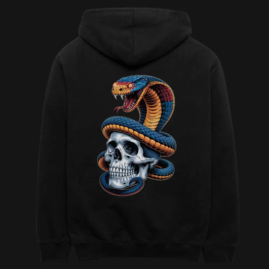Classic Black Unisex Hoodie featuring a bold snake and skull graphic on the back