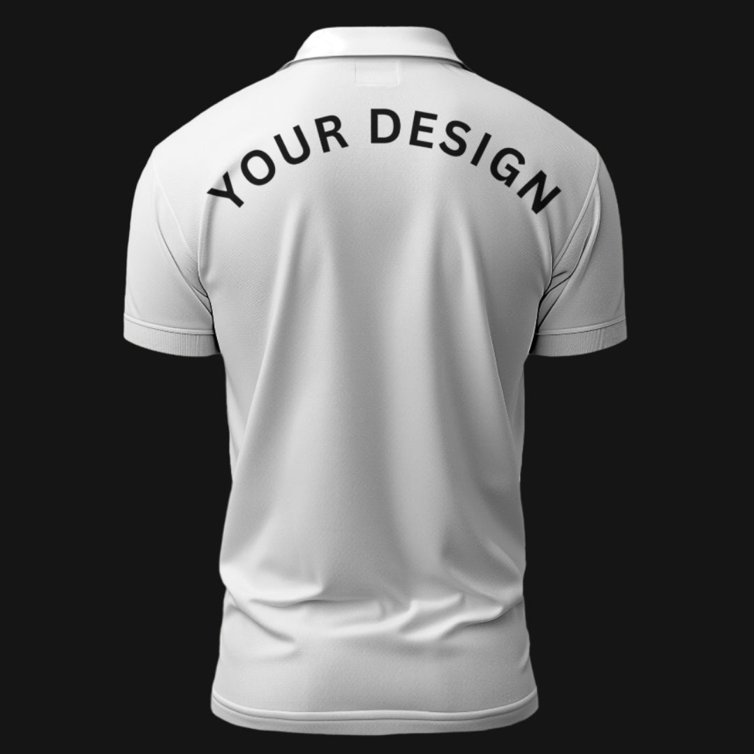 White custom polo T-shirt from Zenith Lifestyle with Your Design text on back Custom Polo T-shirts for Business