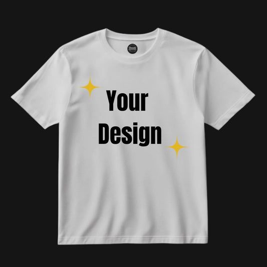 White customised T-shirt from Zenith Lifestyle with customizable Your Design text and gold star accents