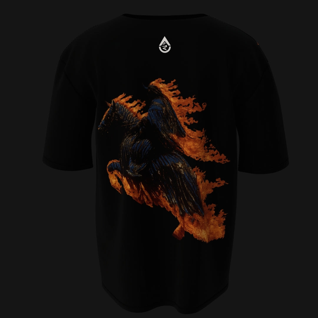 Zenith Lifestyle Destroyer of Worlds T-shirt oversized black with fiery winged horse graphic on back
