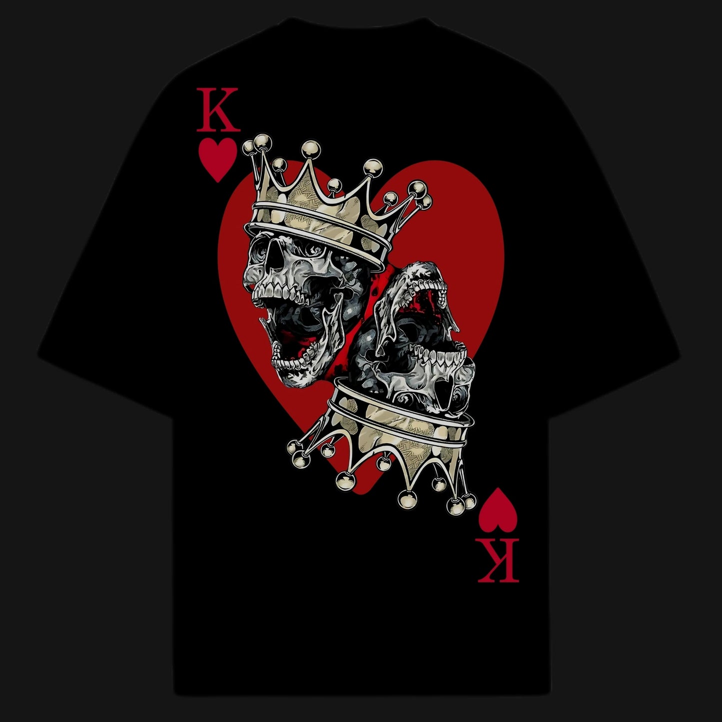 Zenith Lifestyle King of Hearts Tshirt featuring skulls and crowns on a black background