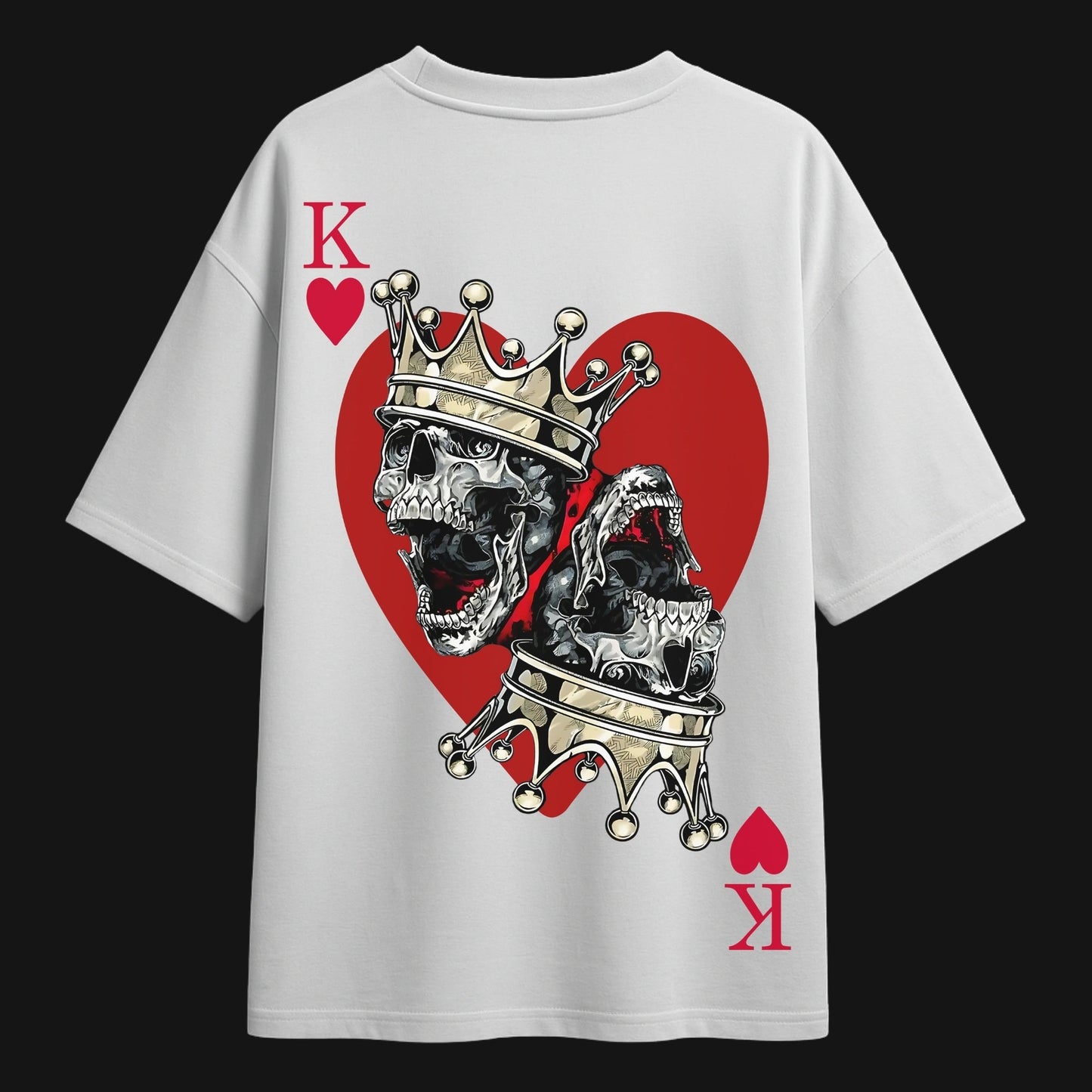 King of Hearts Tshirt featuring a skull and crown design with red heart background