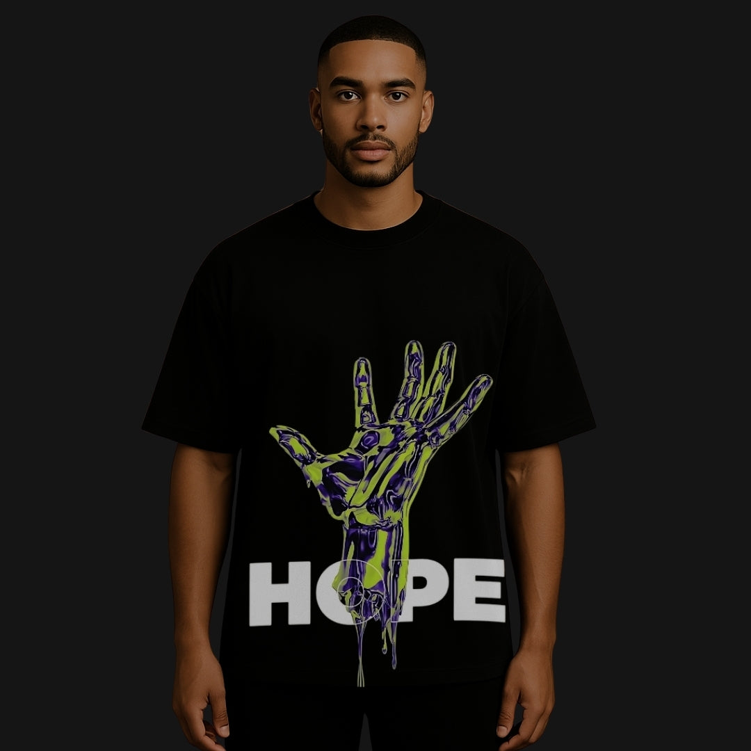 Zenith Lifestyle oversized cotton T-shirt in black with graphic HOPE hand design