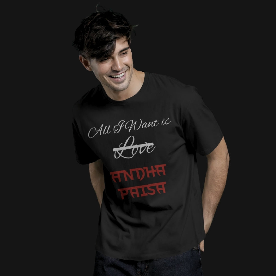 Zenith Lifestyle Paisa Oversized T-shirt in black with printed text worn by a smiling man