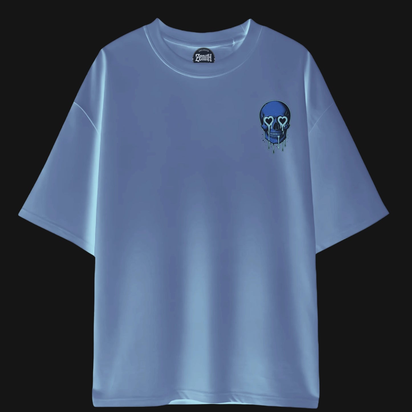 Zenith Lifestyle Satanic Aura Oversized Cotton T-shirt in blue with skull graphic on chest