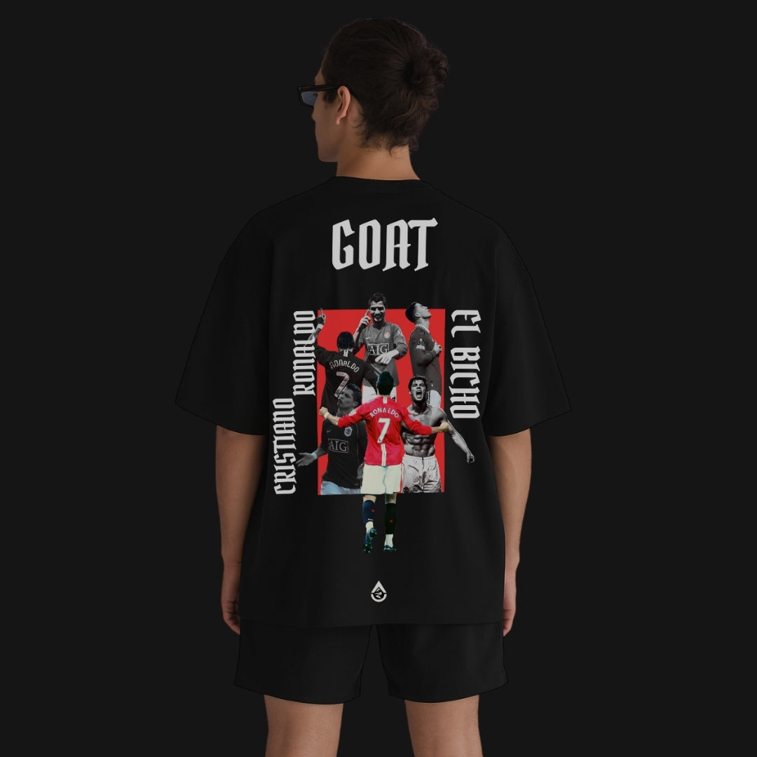 Zenith Lifestyle oversized Ronaldo T-shirt in black featuring multiple images of Cristiano Ronaldo with GOAT text