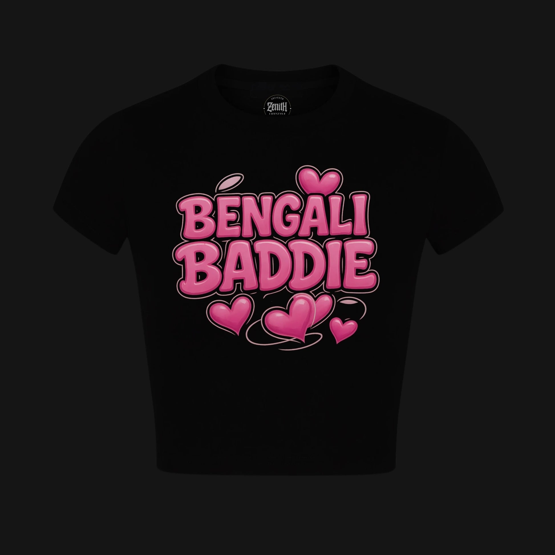 Bengali Baddie Black Crop Top featuring bold pink lettering and heart graphics on a black background