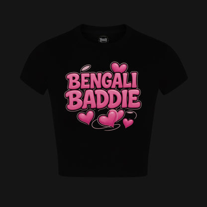 Bengali Baddie Black Crop Top featuring bold pink lettering and heart graphics on a black background