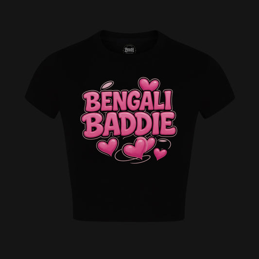 Bengali Baddie Black Crop Top featuring bold pink lettering and heart graphics on a black background