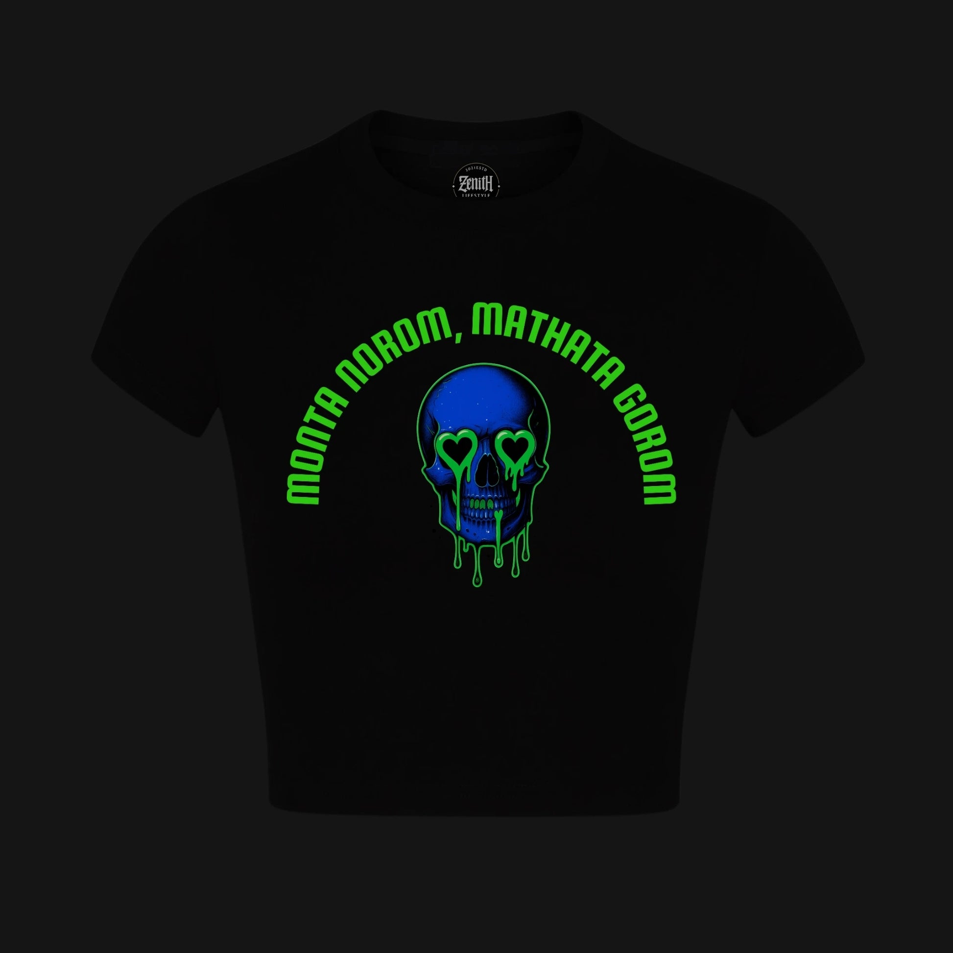 Zenith Lifestyle Black Crop Top featuring a vibrant skull graphic and green lettering for a stylish look