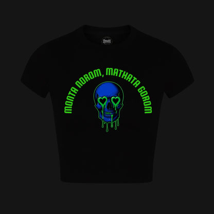 Zenith Lifestyle Black Crop Top featuring a vibrant skull graphic and green lettering for a stylish look