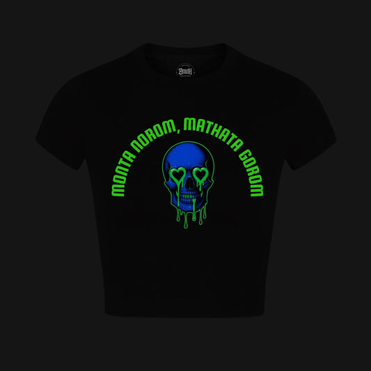Zenith Lifestyle Black Crop Top featuring a vibrant skull graphic and green lettering for a stylish look