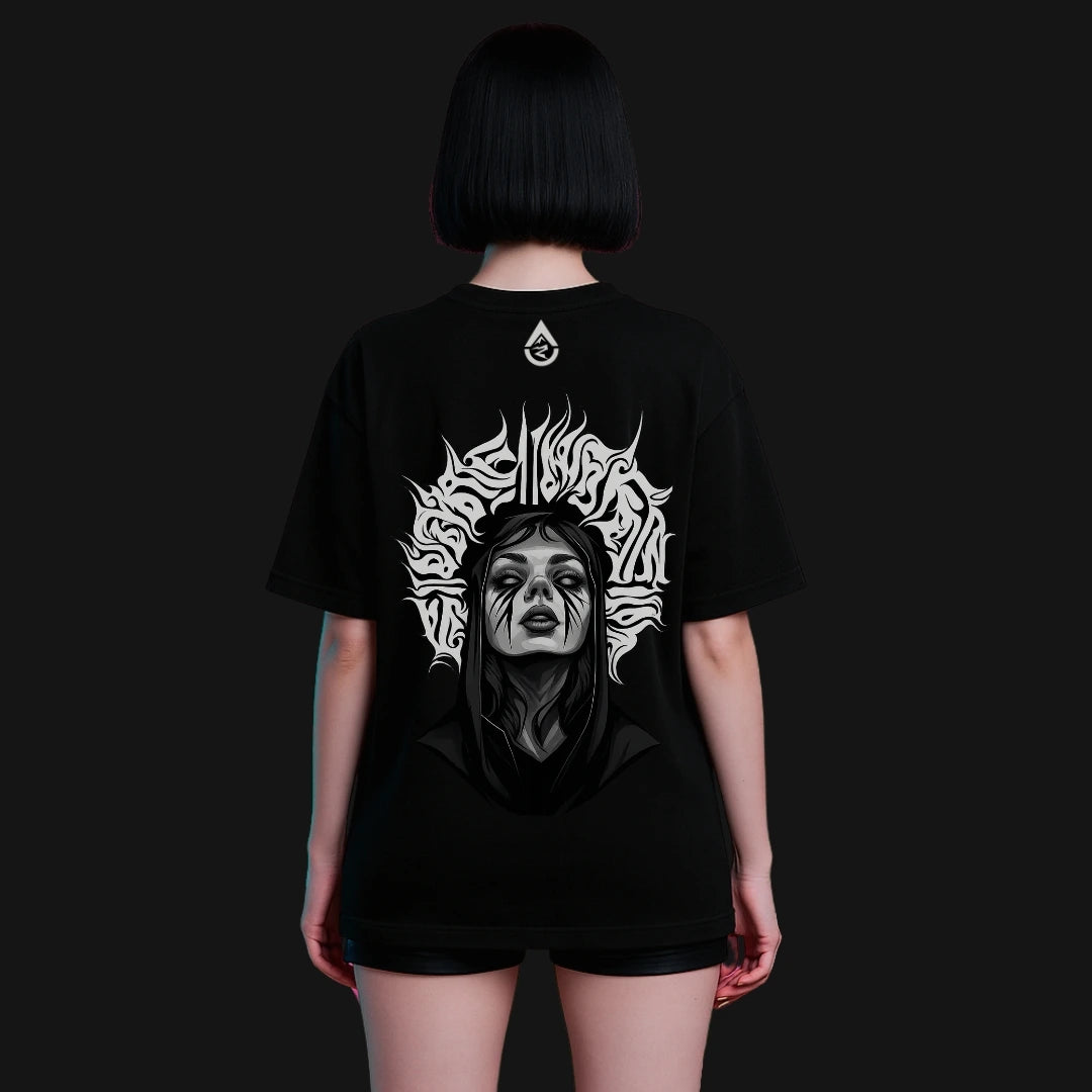 Zenith Lifestyle oversized black T-shirt with artistic monochrome graphic print on back