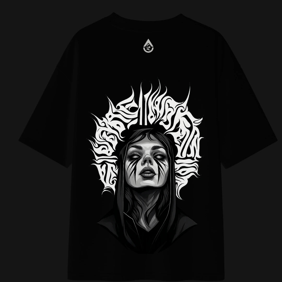 Zenith Lifestyle oversized black T-shirt featuring a dark artistic graphic of a woman with dramatic face paint