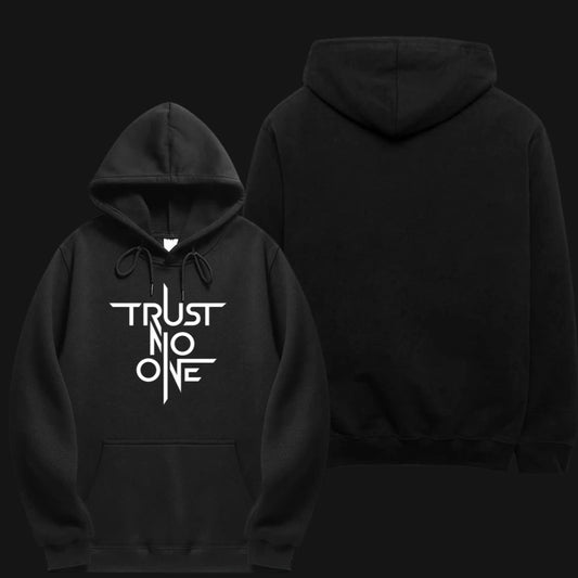 Black Unisex Hoodie featuring a bold white 'Trust No One' graphic print for a stylish look