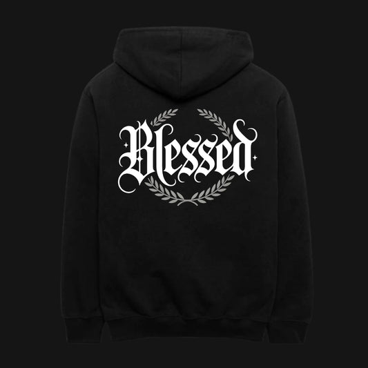 Blessed Classic Black Hoodie featuring bold graphic design on the back with a laurel wreath