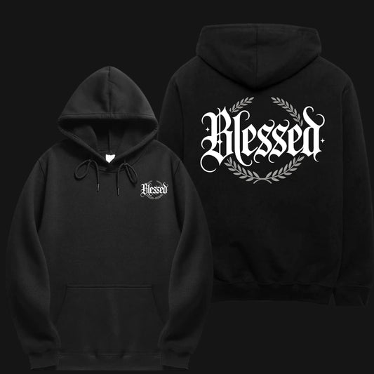 Blessed Classic Black Hoodie with Front Logo and Large Back Design in a Stylish Black Fabric