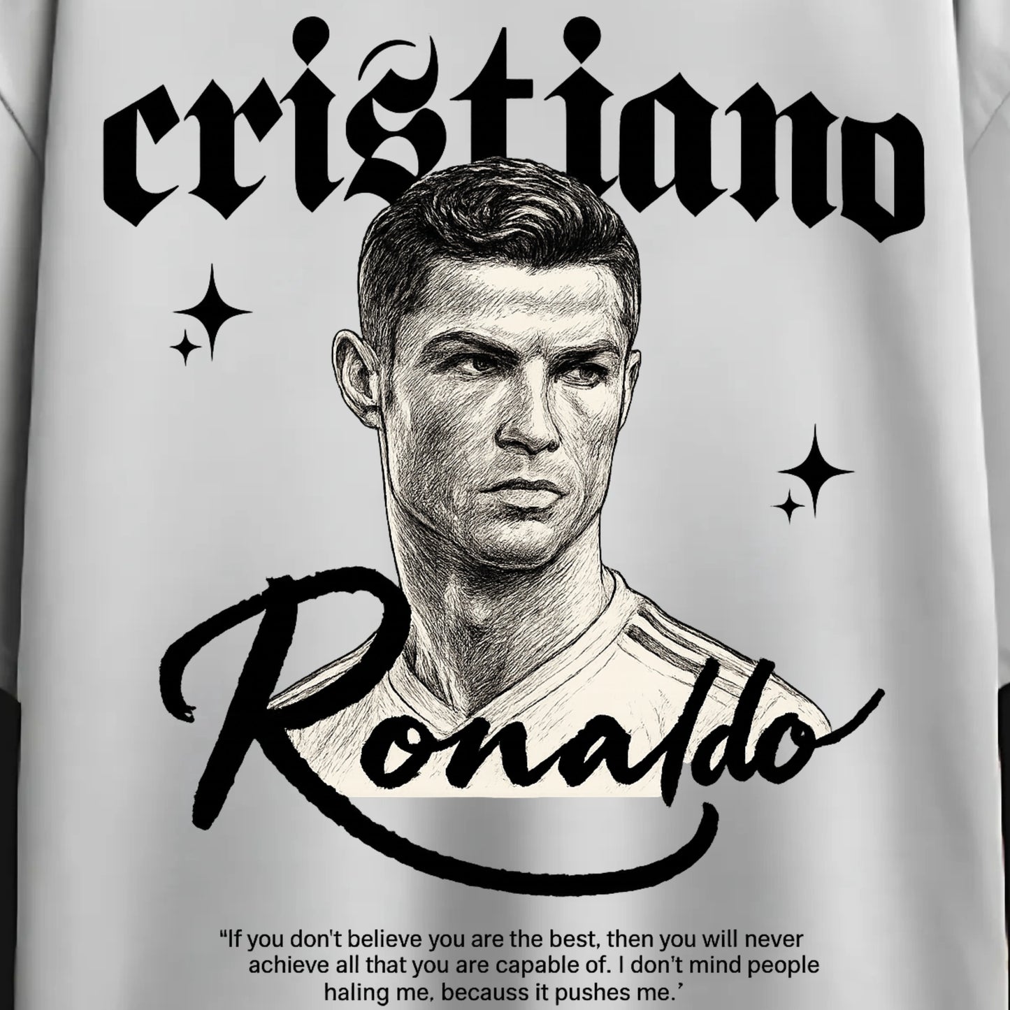 Zenith Lifestyle Cristiano Ronaldo Oversized T-shirt with black and white sketch print and motivational quote