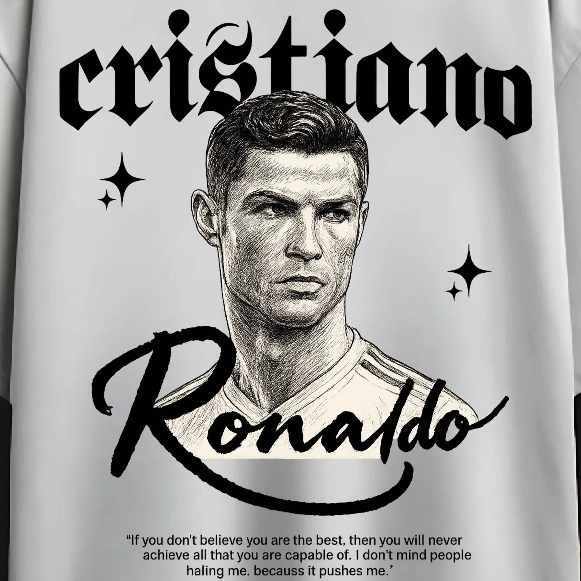 Zenith Lifestyle Cristiano Ronaldo Oversized T-shirt with black and white sketch print and motivational quote