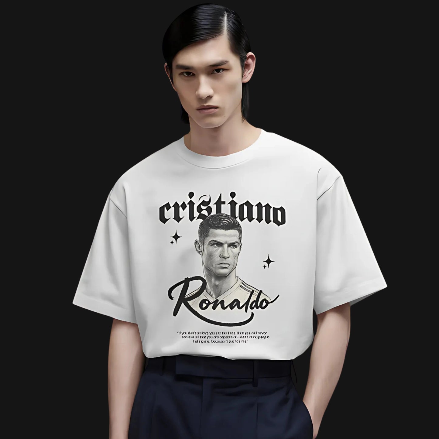 Zenith Lifestyle Cristiano Ronaldo Oversized white t-shirt with graphic print worn by male model