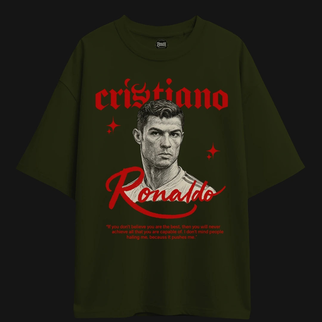 Zenith Lifestyle Cristiano Ronaldo Oversized t-shirt with red graphic print on dark fabric