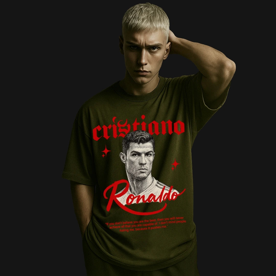 Zenith Lifestyle Cristiano Ronaldo Oversized T-shirt in dark green with red and white graphic print