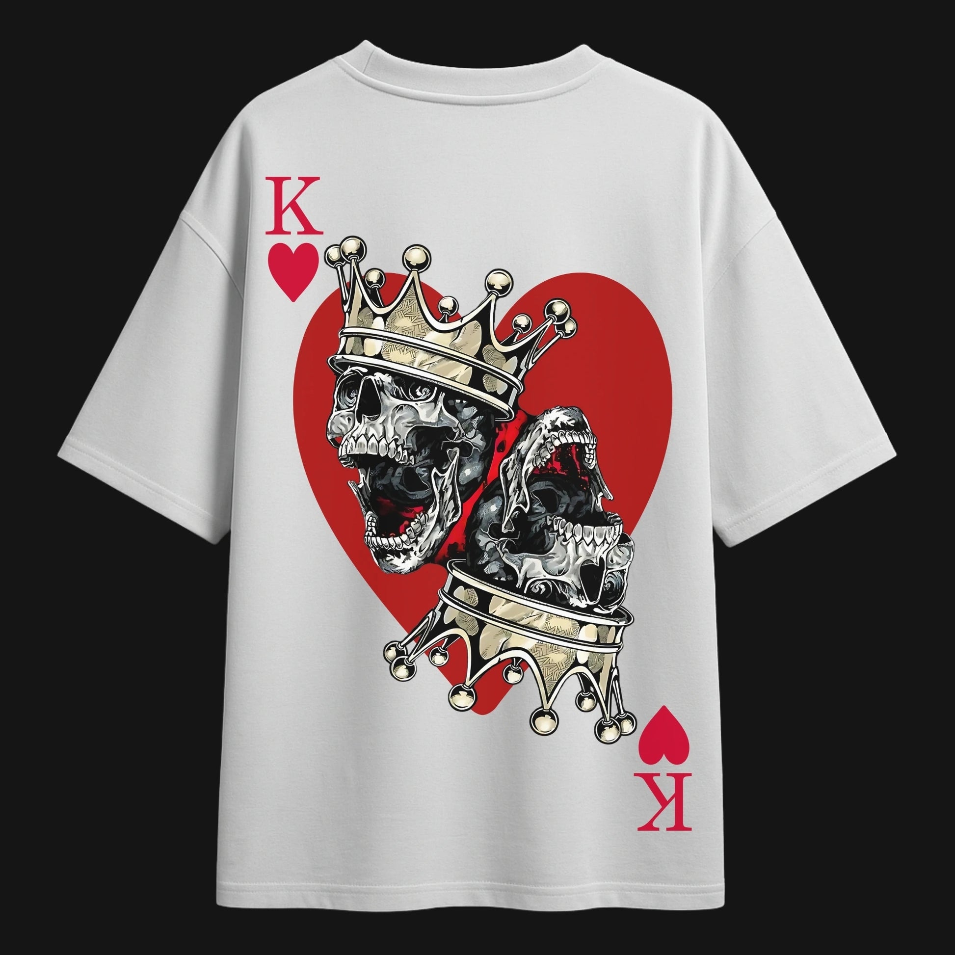 King of Hearts Tshirt featuring a skull and crown design with red heart background