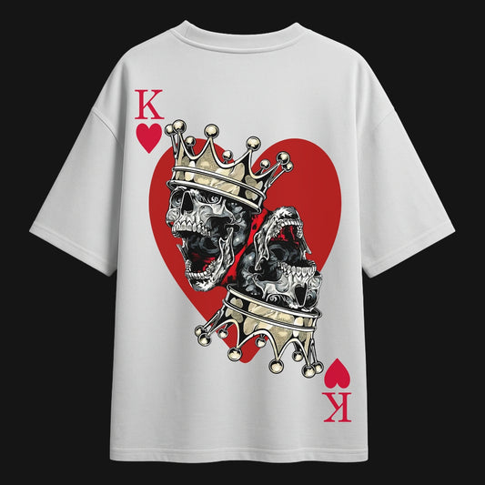 King of Hearts Tshirt featuring a skull and crown design with red heart background