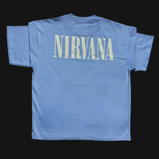 Oversized Zenith Lifestyle T-shirt in light blue featuring bold Nirvana graphic on the back