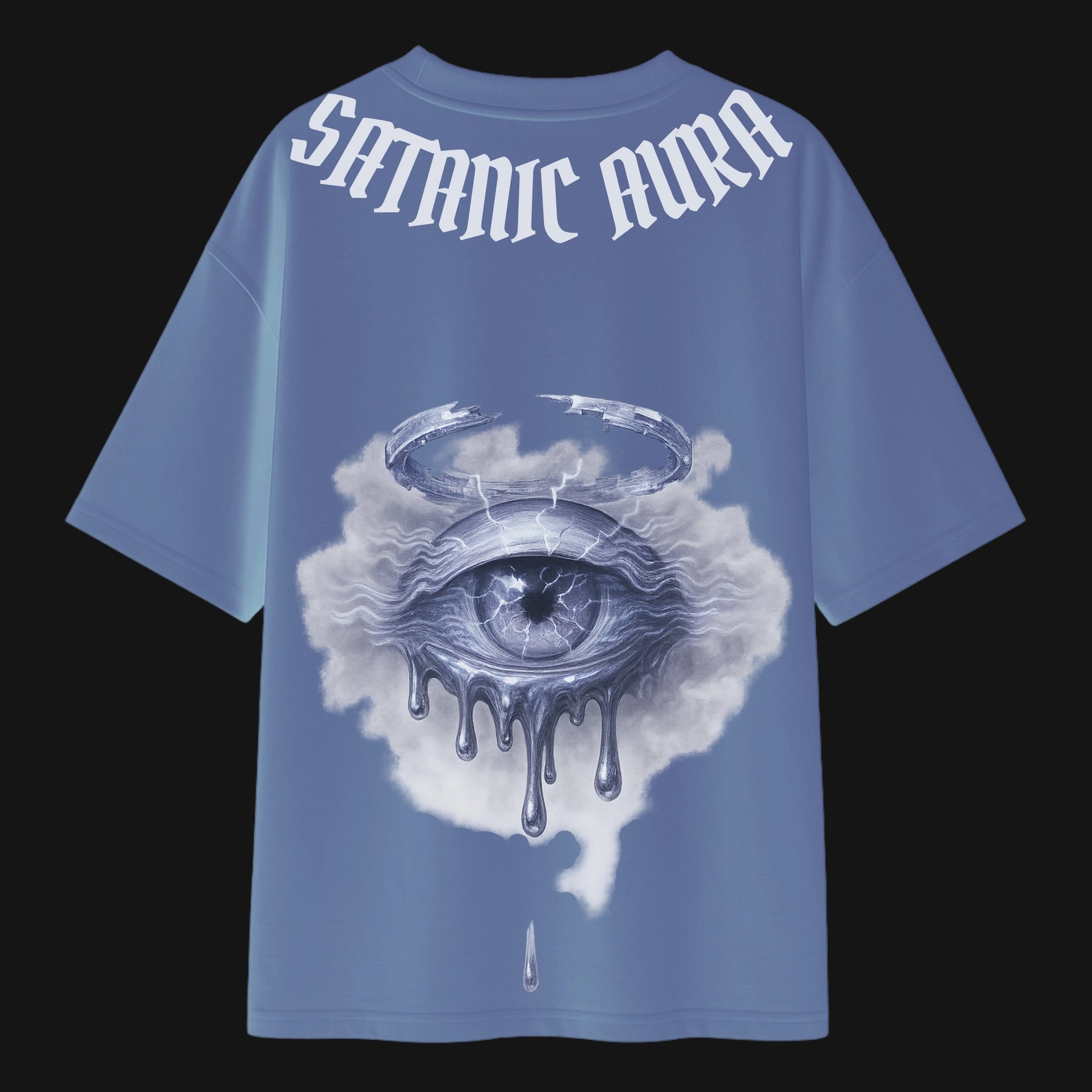 Zenith Lifestyle Satanic Aura Oversized Cotton T-shirt in blue with dripping eye and halo graphic design