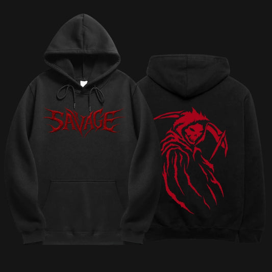 Savage Classic Black Hoodie with Red Graphic Print on Front and Back for Streetwear Style