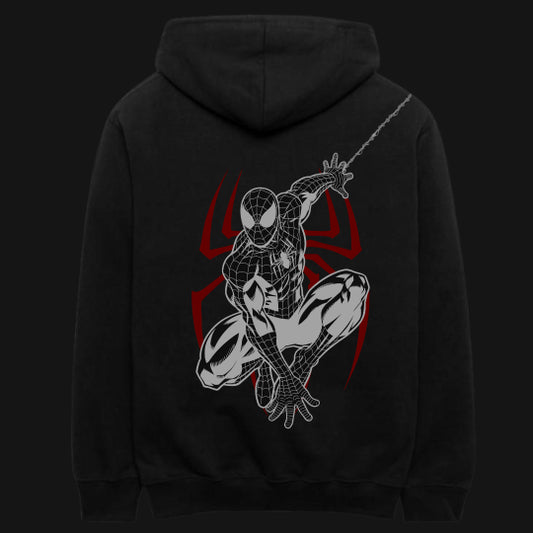Black Spiderman Hoodie featuring a dynamic superhero graphic on the back