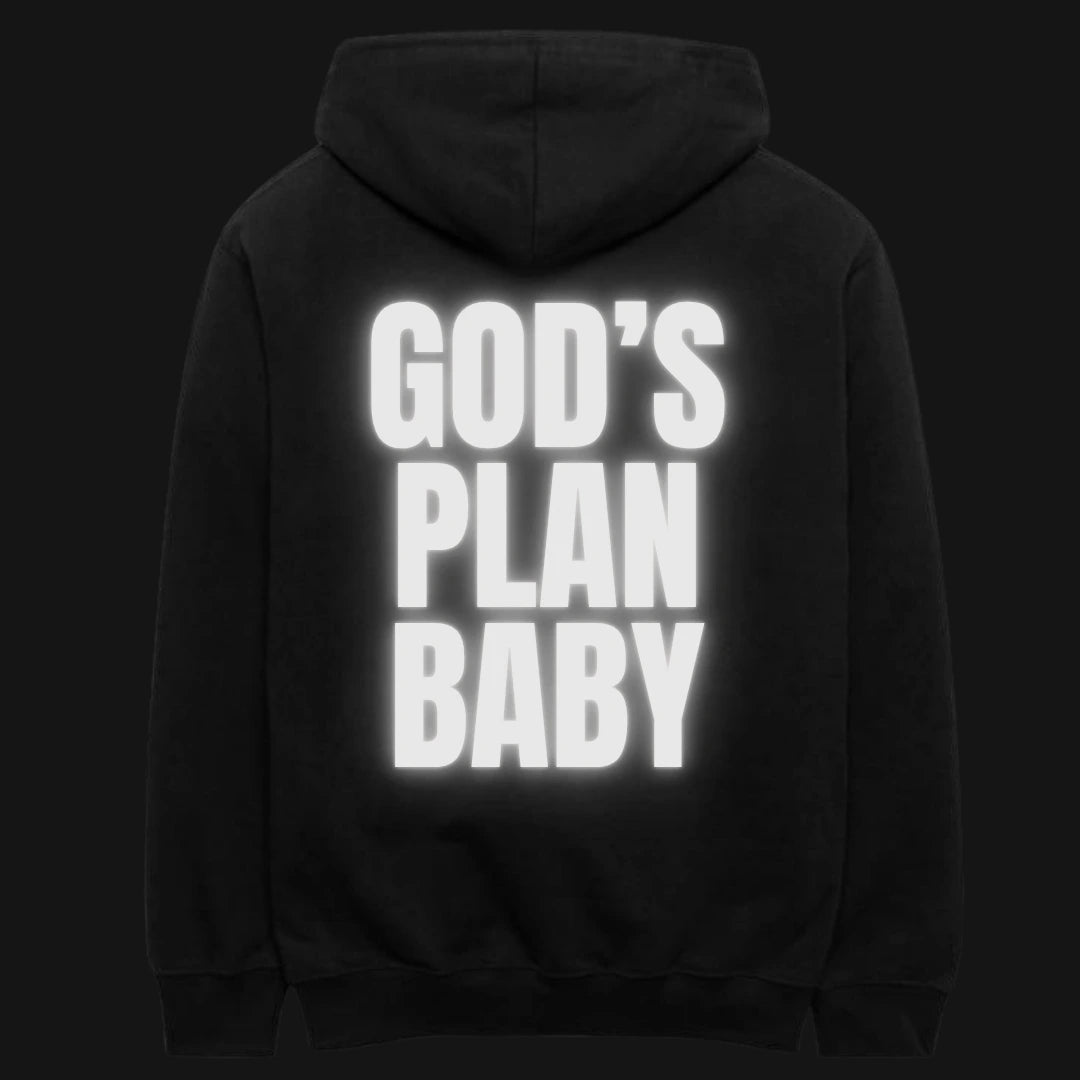 Light Reflecting Unisex Hoodie in Black featuring bold white text 'GOD'S PLAN BABY' on the back
