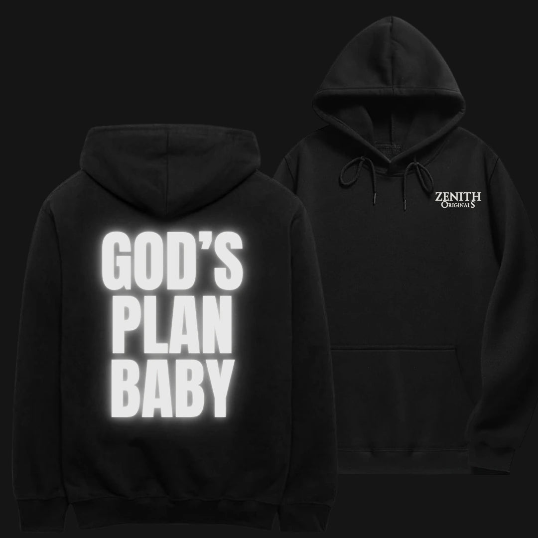Light Reflecting Unisex Hoodie in Black featuring 'GOD'S PLAN BABY' printed on the back
