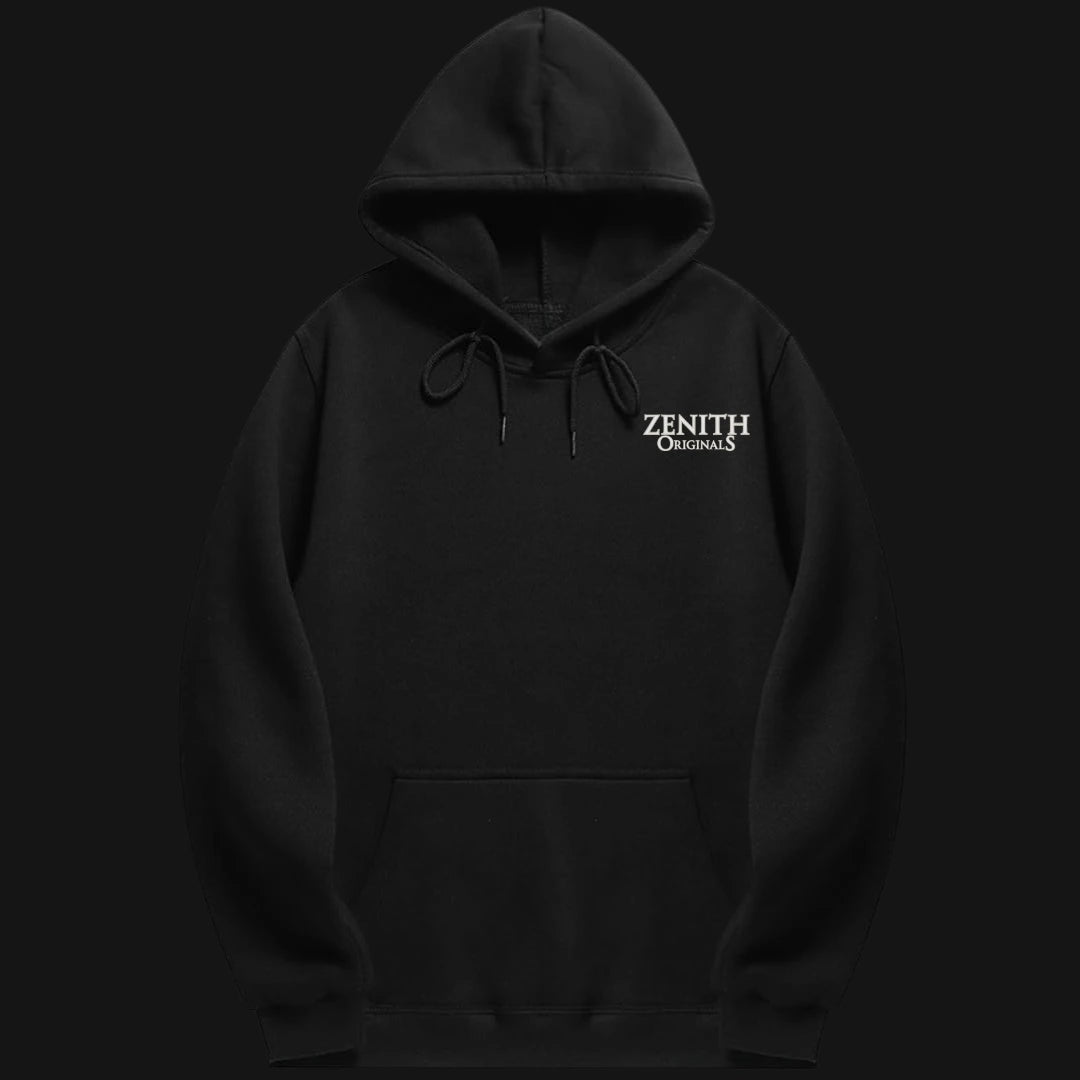 Light Reflecting Unisex Hoodie in black from Zenith Lifestyle with front pocket and adjustable drawstrings